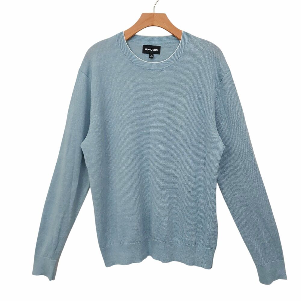Bonobos Sweater Mens Large Blue Linen Crew Neck Lightweight Coastal Minimalist